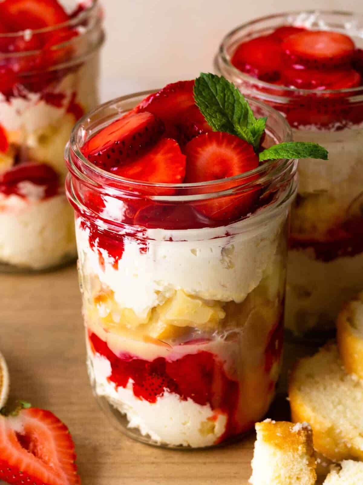 easy strawberry shortcake cup topped with fresh mint