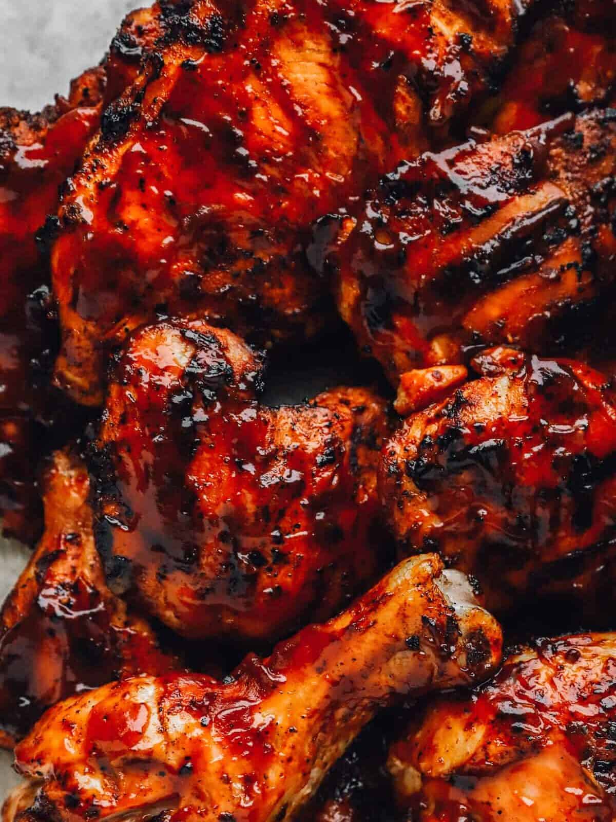 close up on pieces of barbecue chicken