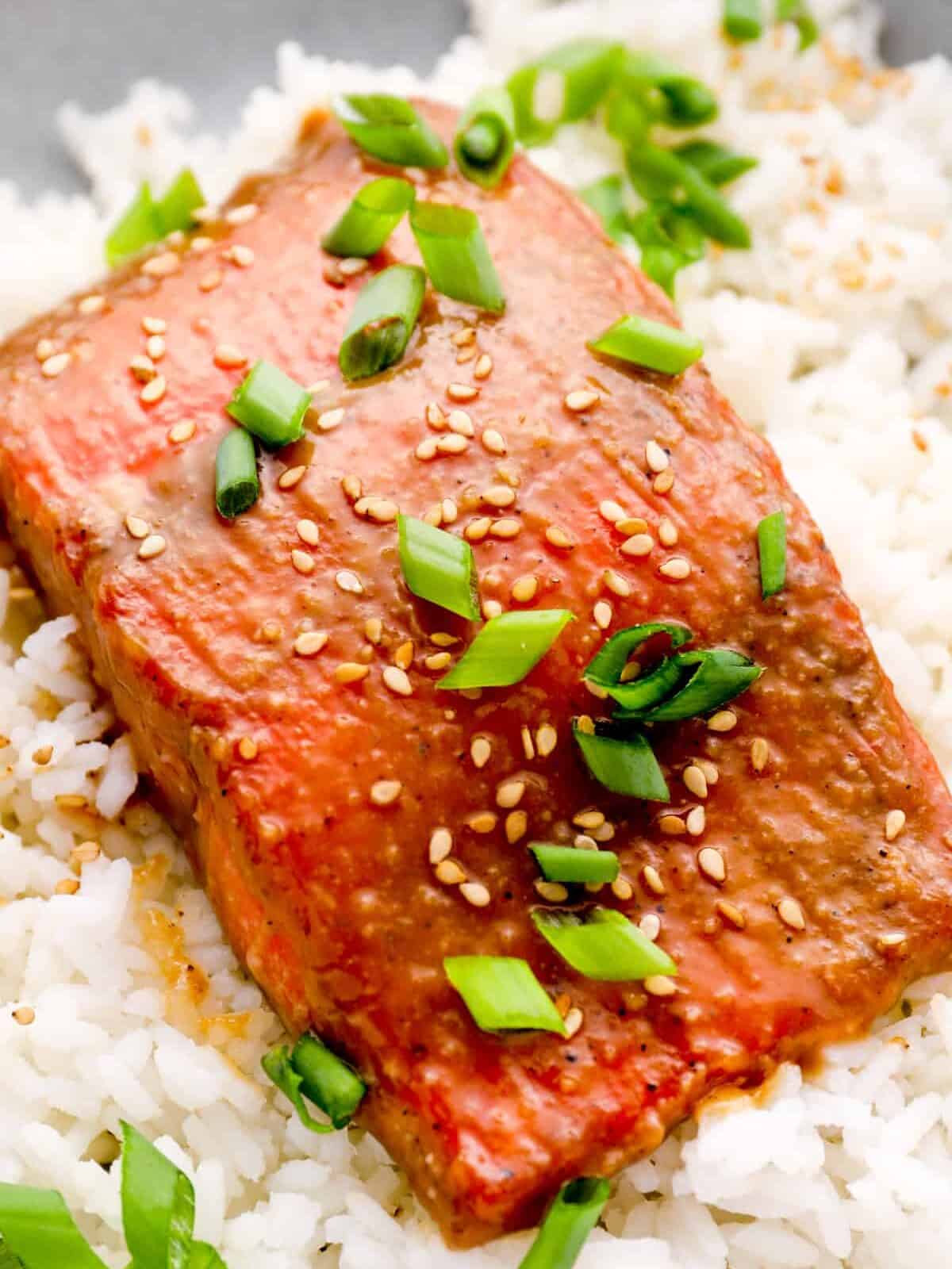 close up of miso glazed salmon on a bed of white rice.