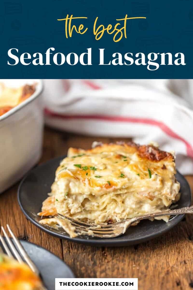 the best seafood lasagna on a plate with the title the best seafood lasagna.