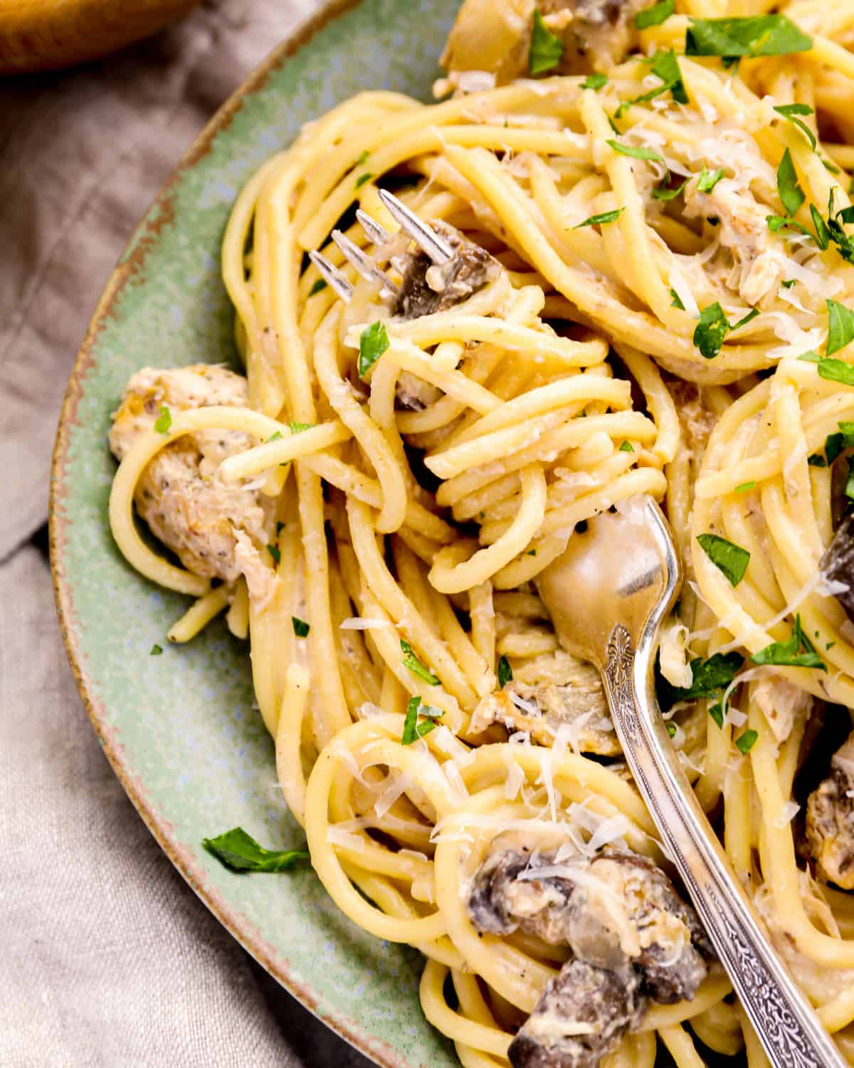 a plate of spaghetti with chicken, mushrooms, and parmesan cheese.