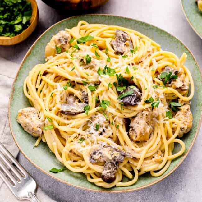 a plate of spaghetti with mushrooms and parmesan cheese.