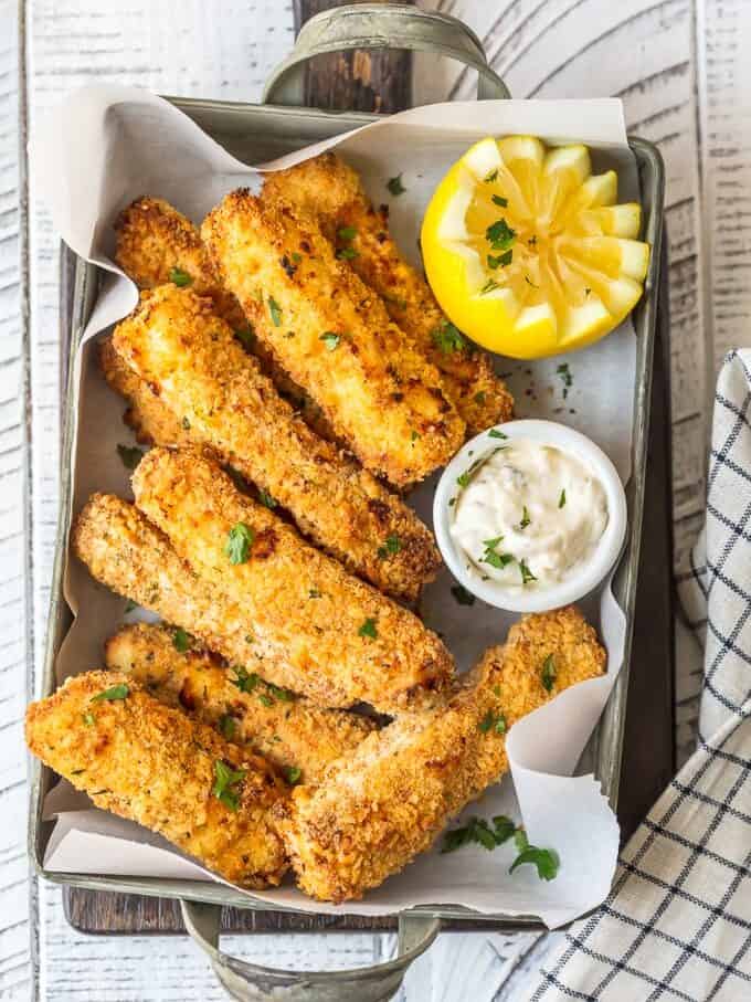Baked fish sticks on a tray
