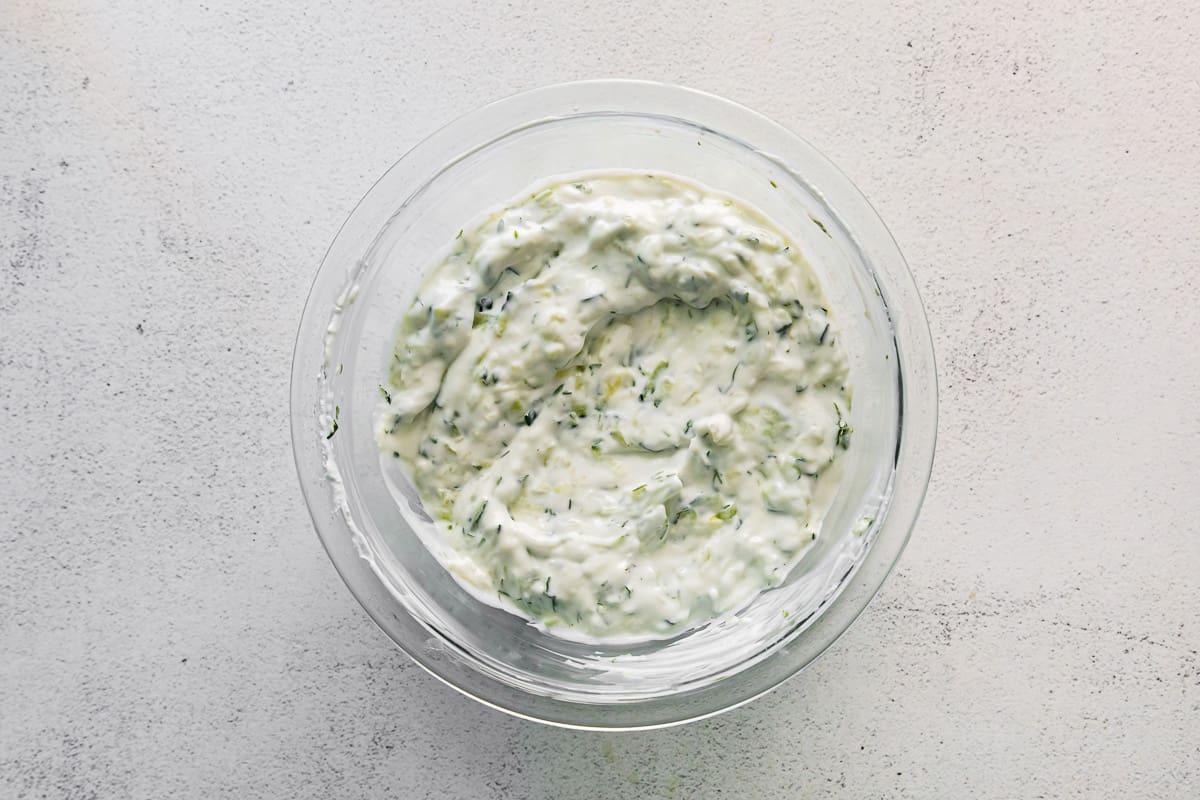 tzatziki dip in a glass bowl.