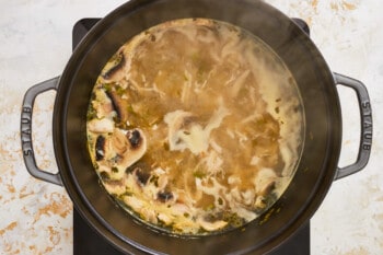 mushrooms and chicken added to soup simmering in a Dutch oven.