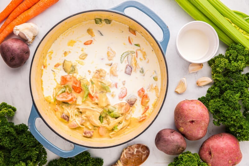 a bowl of soup with carrots, celery and potatoes.