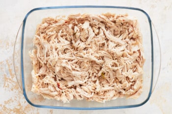 shredded alfredo chicken in a glass baking dish.