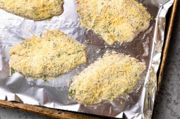 parmesan crusted tilapia filets on a foil lined baking sheet.