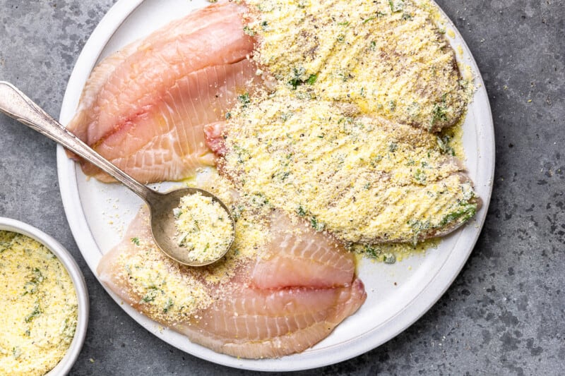 overhead view of tilapia filets being coated in a parmesan crust.