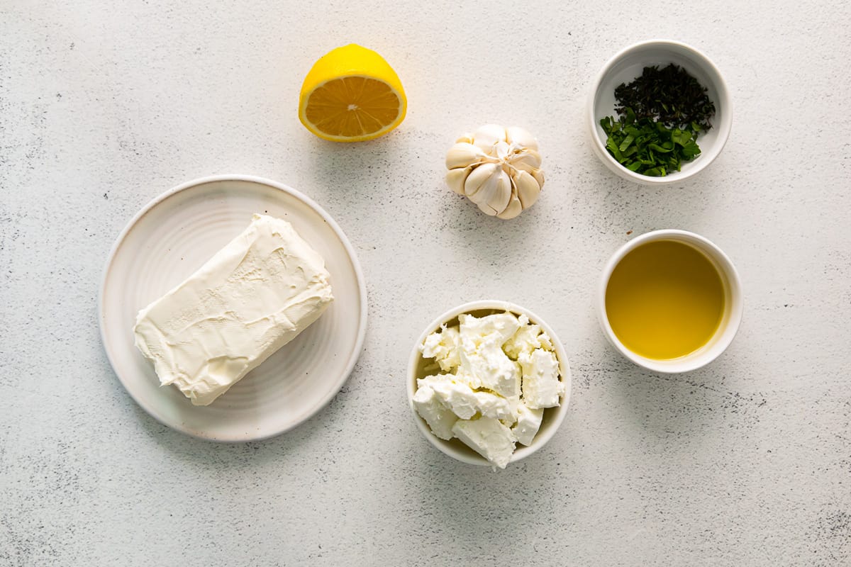 overhead view of ingredients for whipped feta dip.