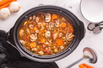 a crock pot full of soup with carrots and mushrooms.