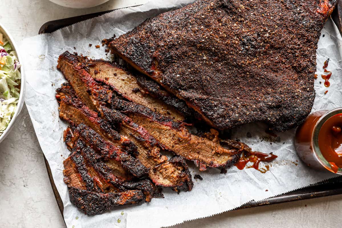 bbq smoked brisket on a tray.
