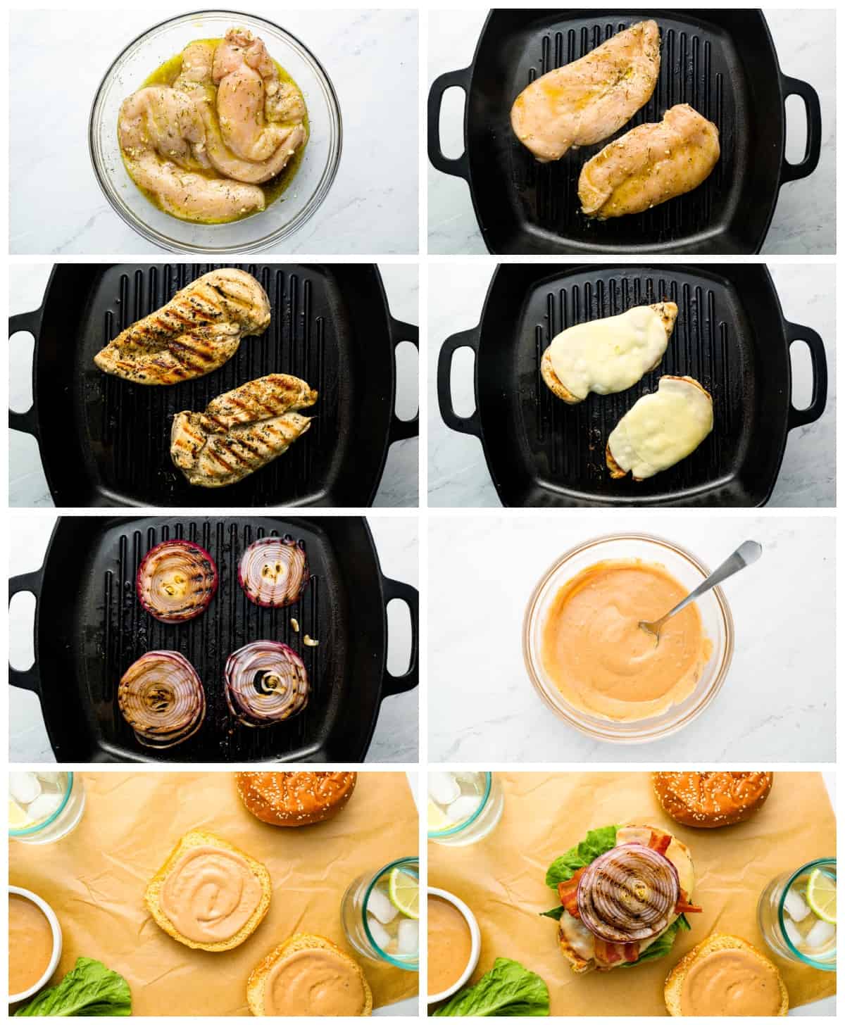 step by step photos for how to make a grilled chicken sandwich.