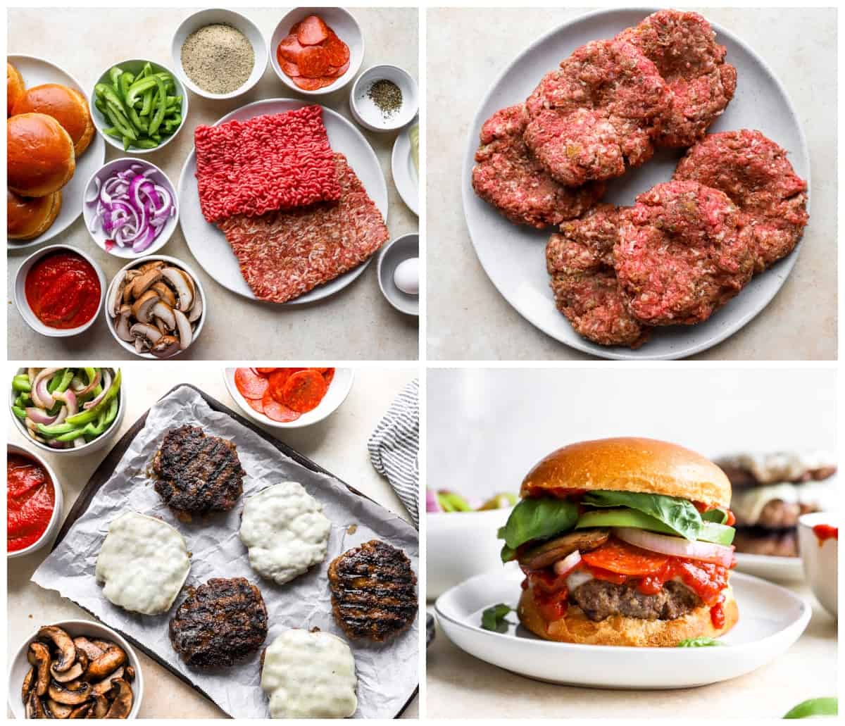 a collage of images showing how to make pizza burgers.