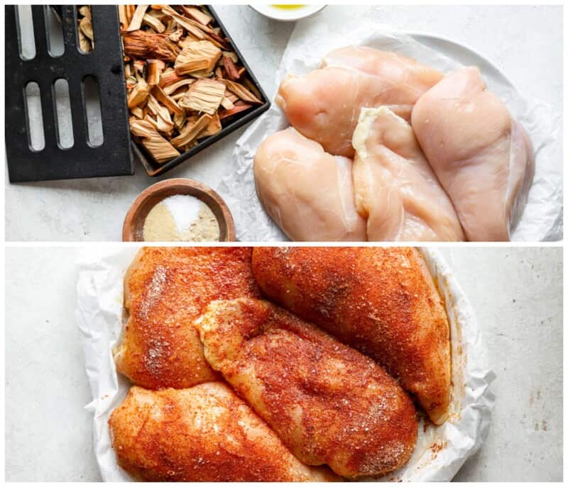 two pictures of chicken breasts with pecans and other ingredients.