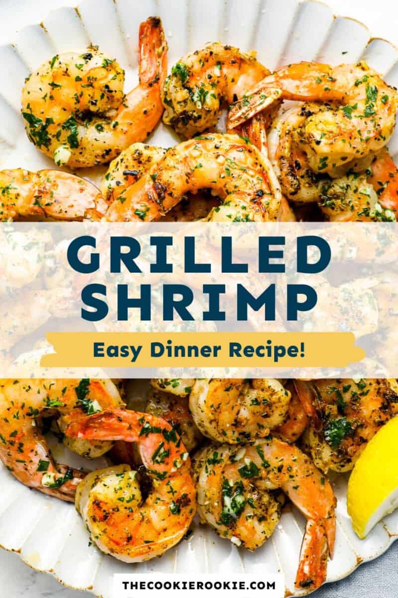 grilled shrimp on a plate with lemon wedges.