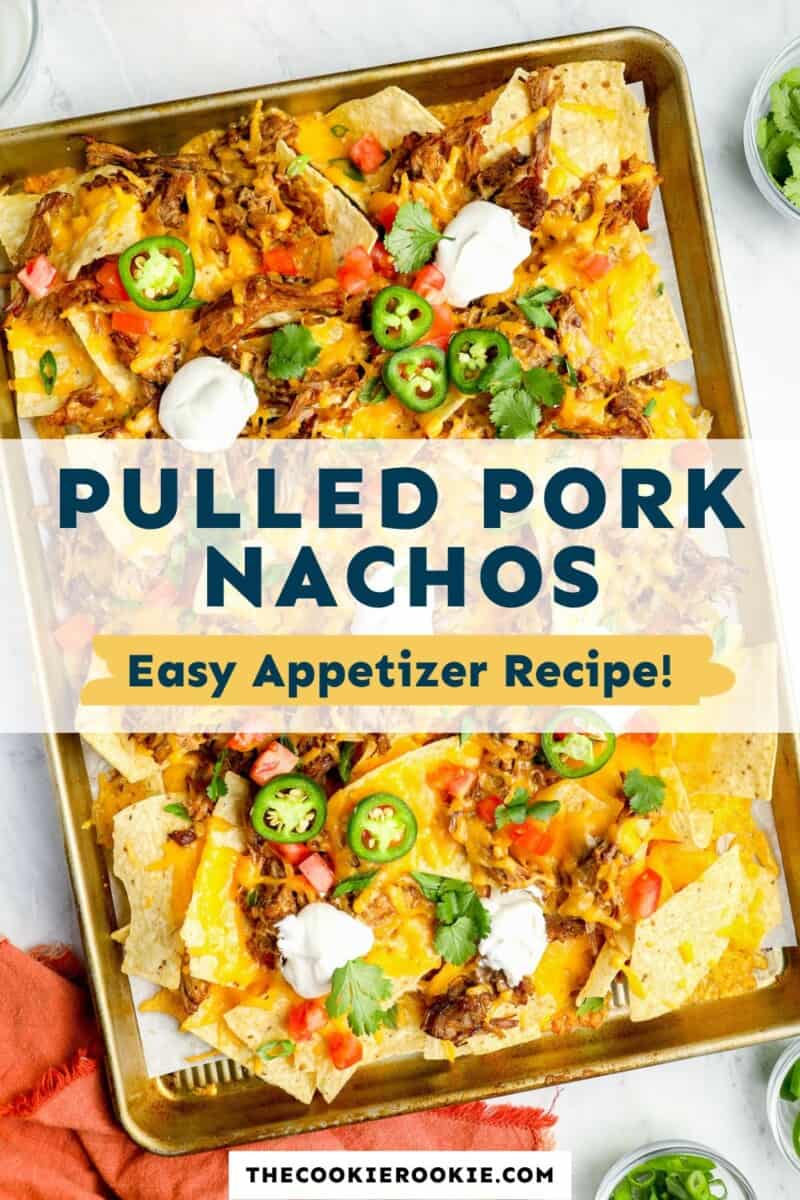pulled pork nachos on a baking sheet with the text pulled pork nachos easy appetizer recipe.