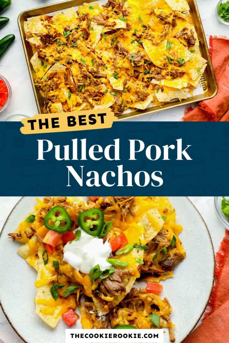pulled pork nachos on a plate with the text the best pulled pork nachos.
