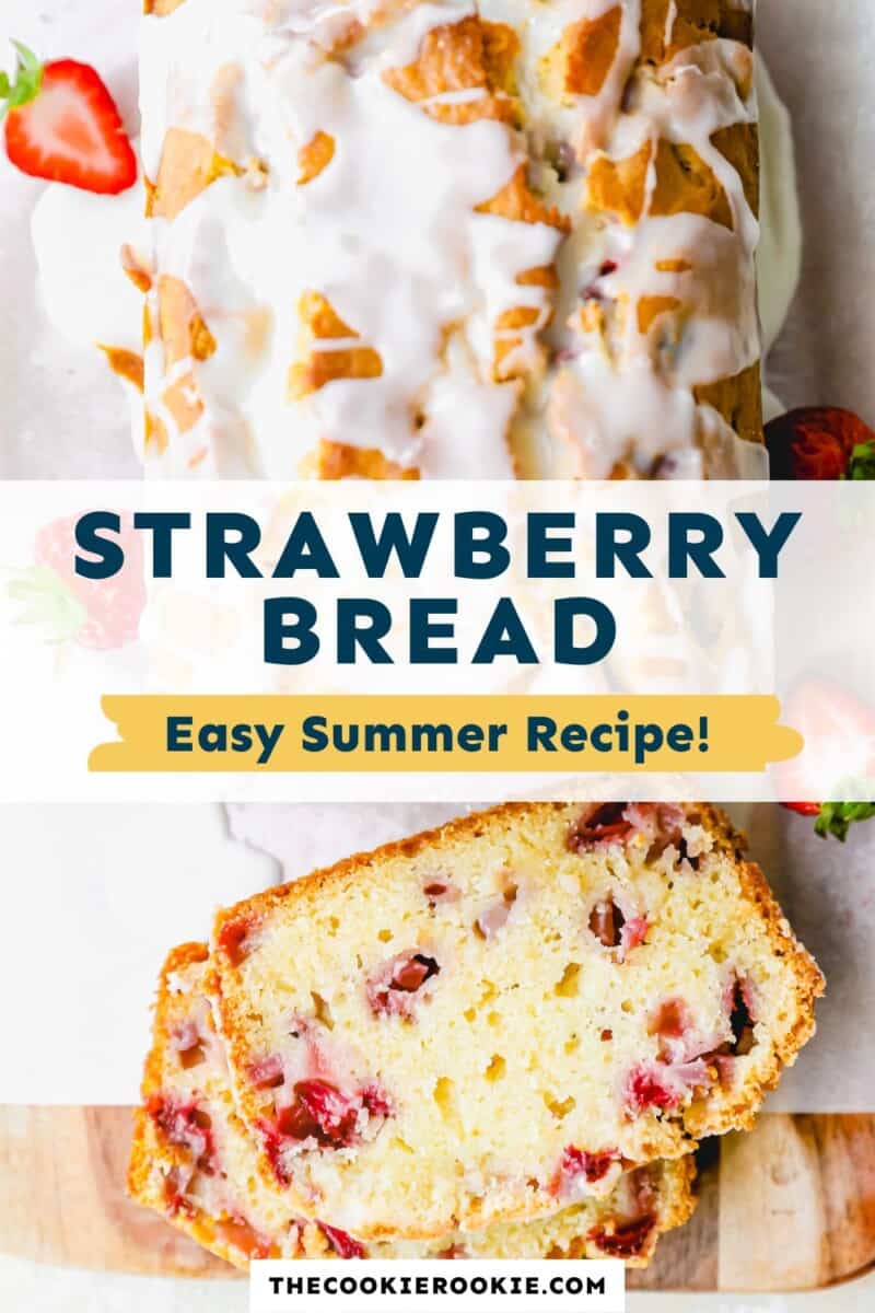 strawberry bread on a white plate with the text strawberry bread easy summer recipe.