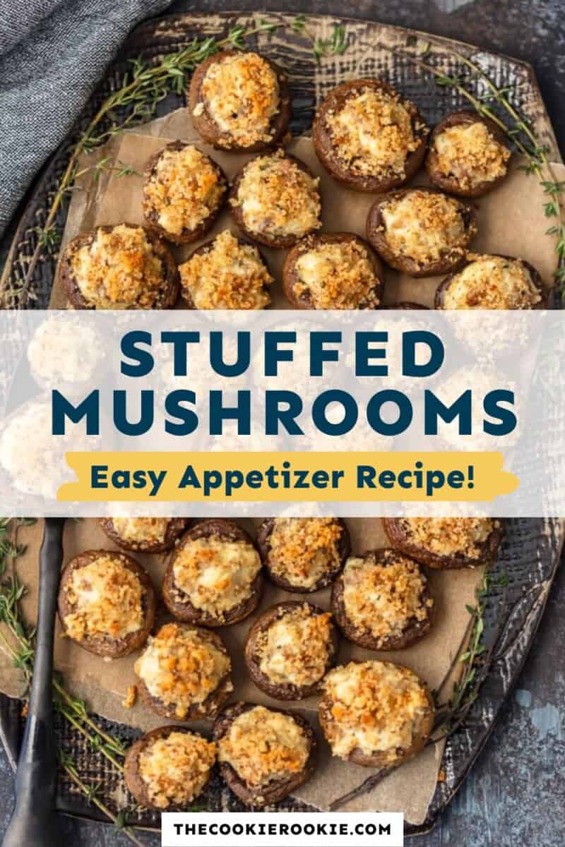 stuffed mushrooms on a plate with the text stuffed mushrooms easy appetizer recipe.