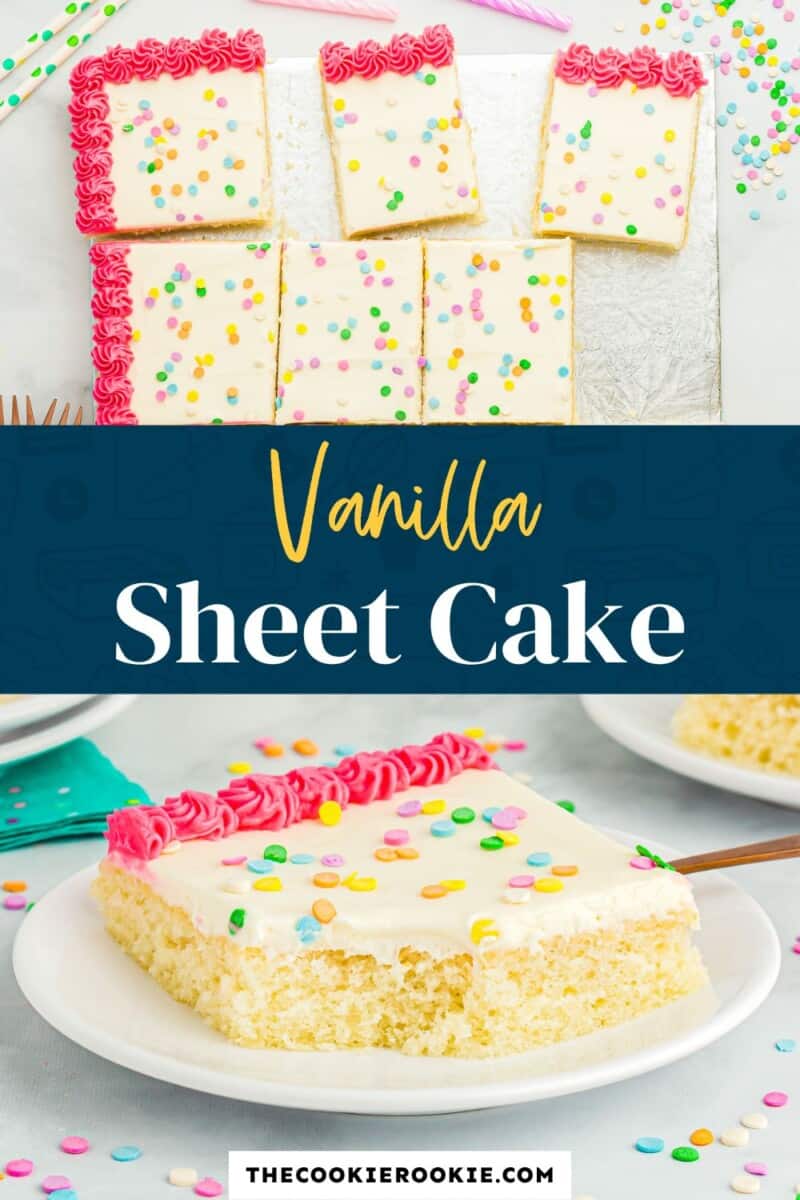 vanilla sheet cake on a plate with icing and sprinkles.