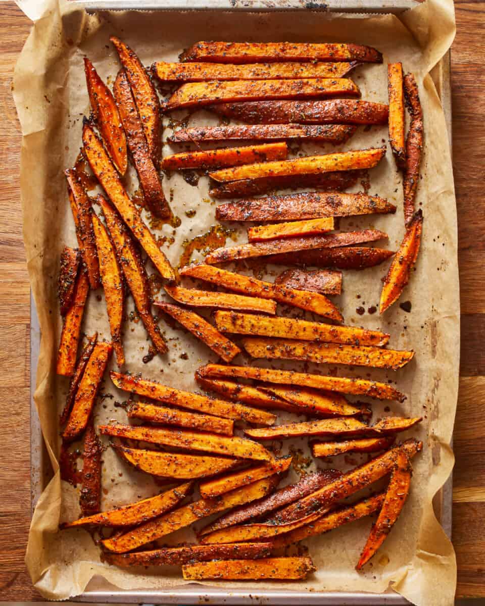 sweet potato fries on a baking sheet.