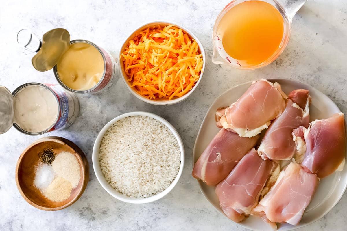 overhead view of ingredients for crockpot chicken and rice.