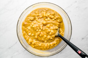 a bowl of mashed potatoes with a spoon in it.