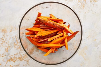 roasted sweet potato fries in a glass bowl.