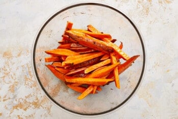 roasted sweet potato fries in a glass bowl.