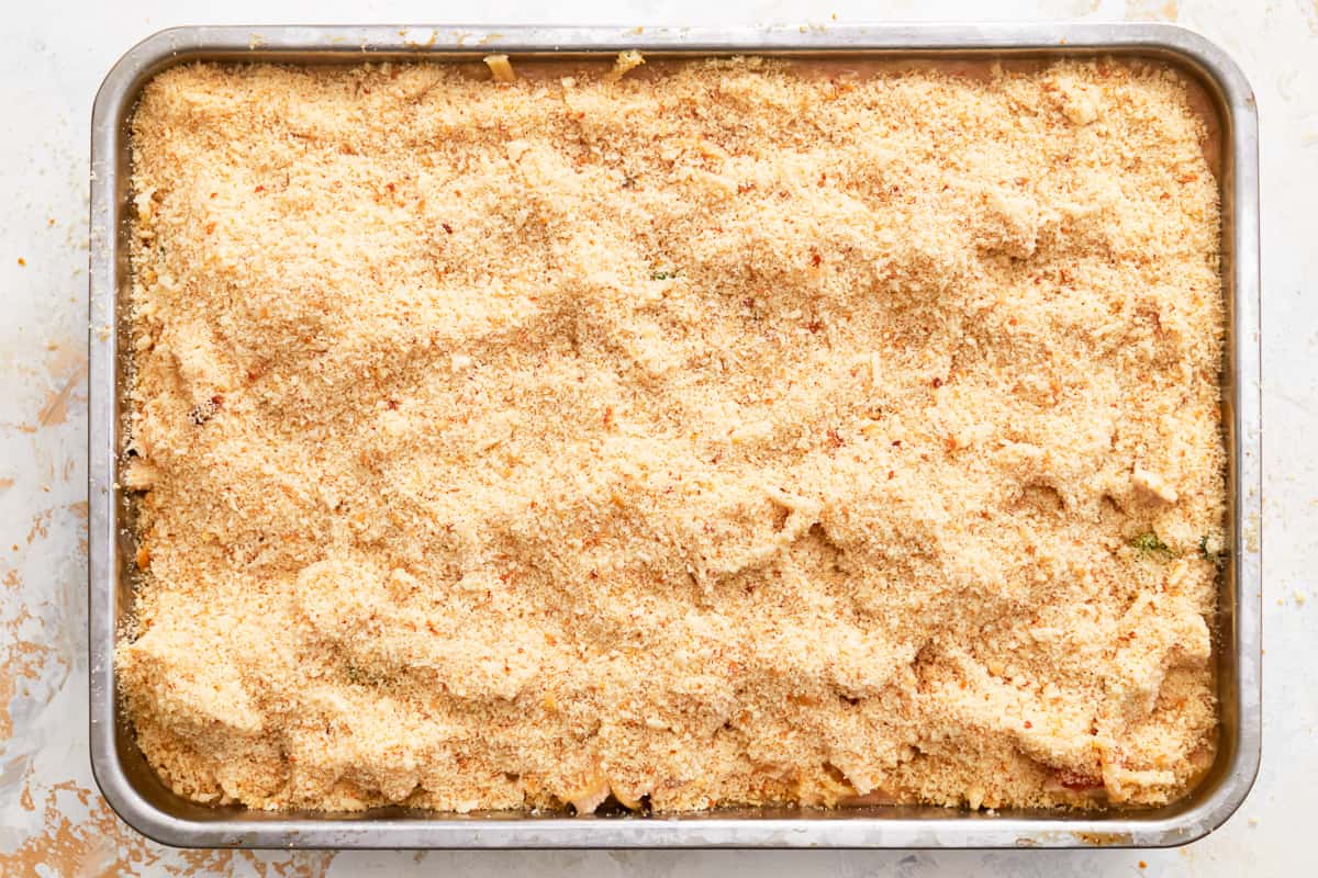 Chicken spaghetti with breadcrumb topping.