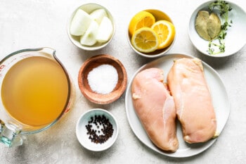 overhead view of ingredients for poached chicken.