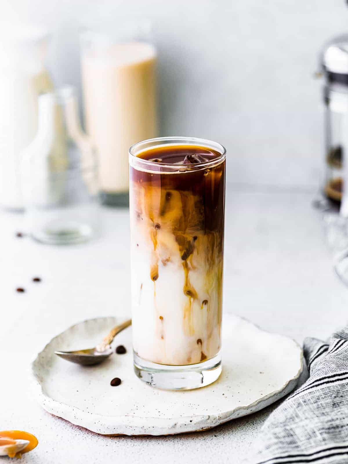 iced caramel macchiato in tall glass