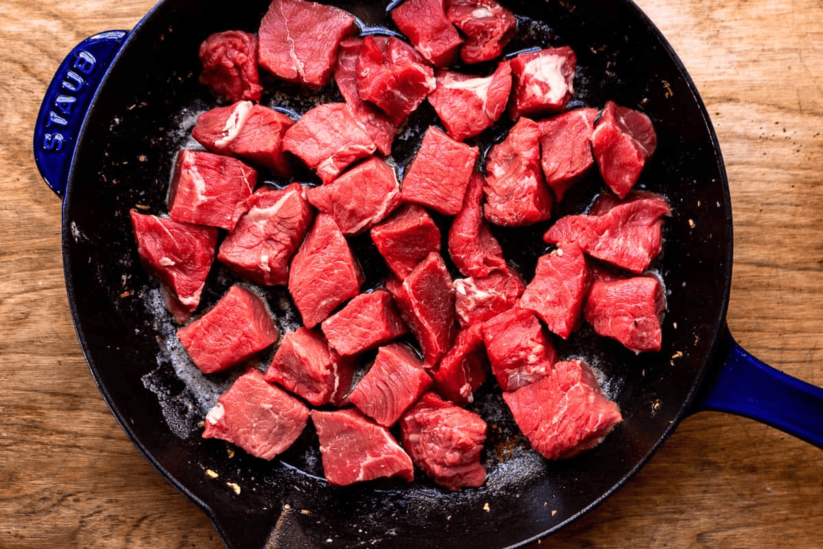 Steak bites in a cast iron pan.