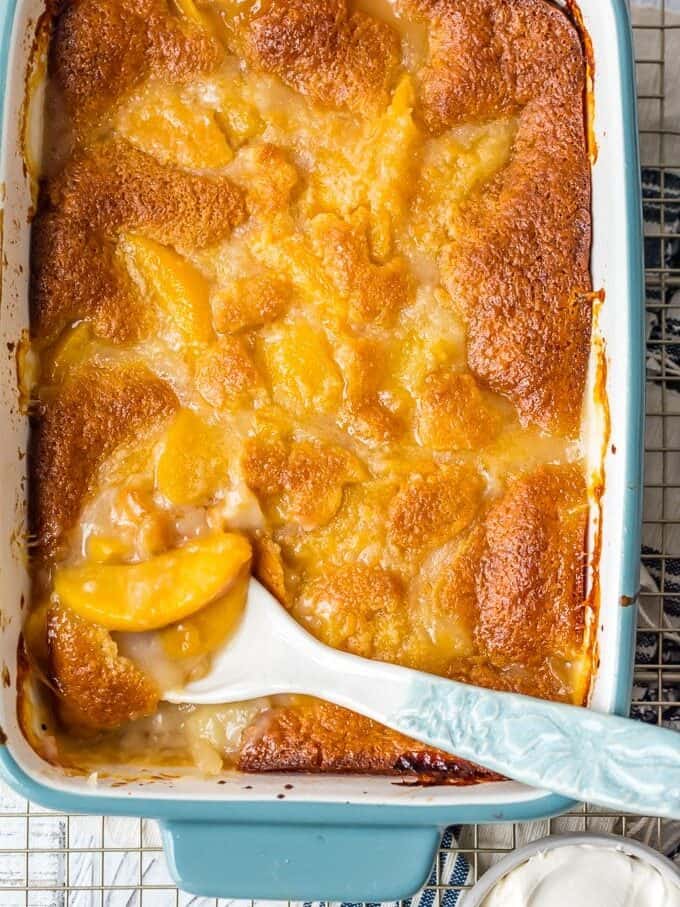 easy peach cobbler in a pan overhead