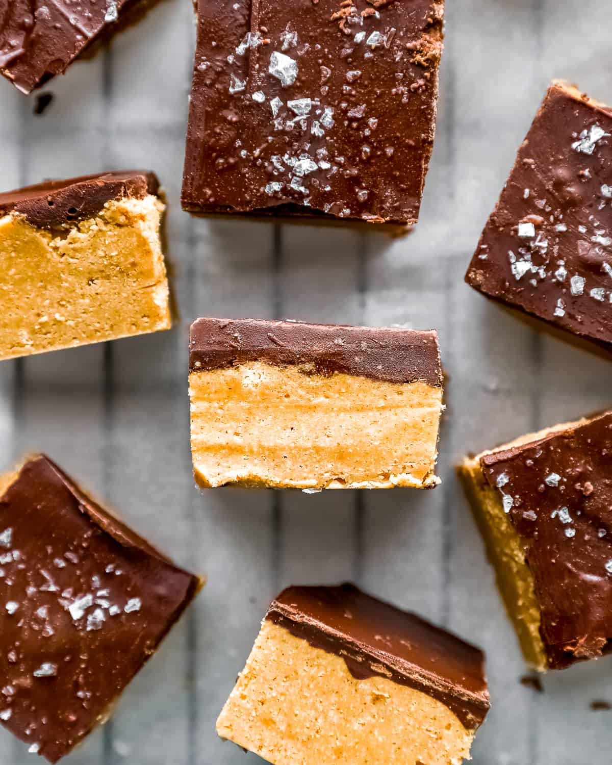 bars viewed from the side to show the thick layer of peanut butter.