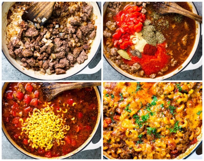 a collage of photos showing how to make goulash.