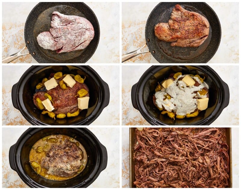a series of photos showing how to make crock pot pulled pork.