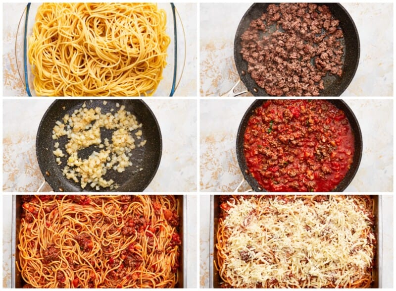 a series of photos showing how to make spaghetti and meatballs.