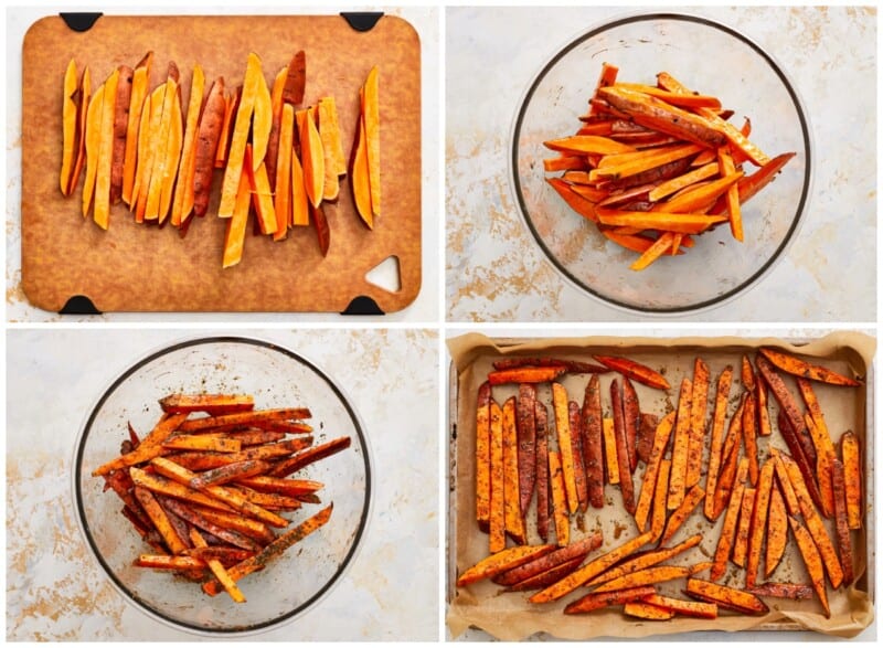 a series of photos showing how to make sweet potato fries.