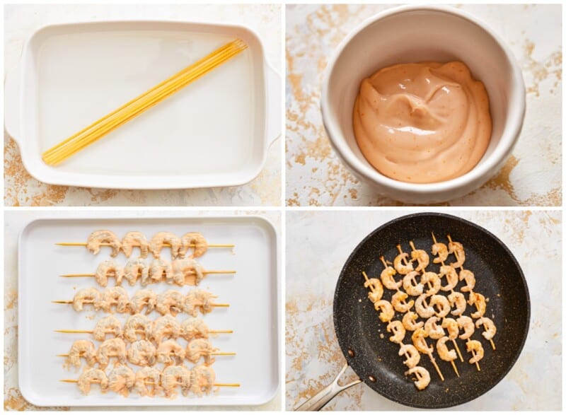 a series of photos showing how to make shrimp skewers.