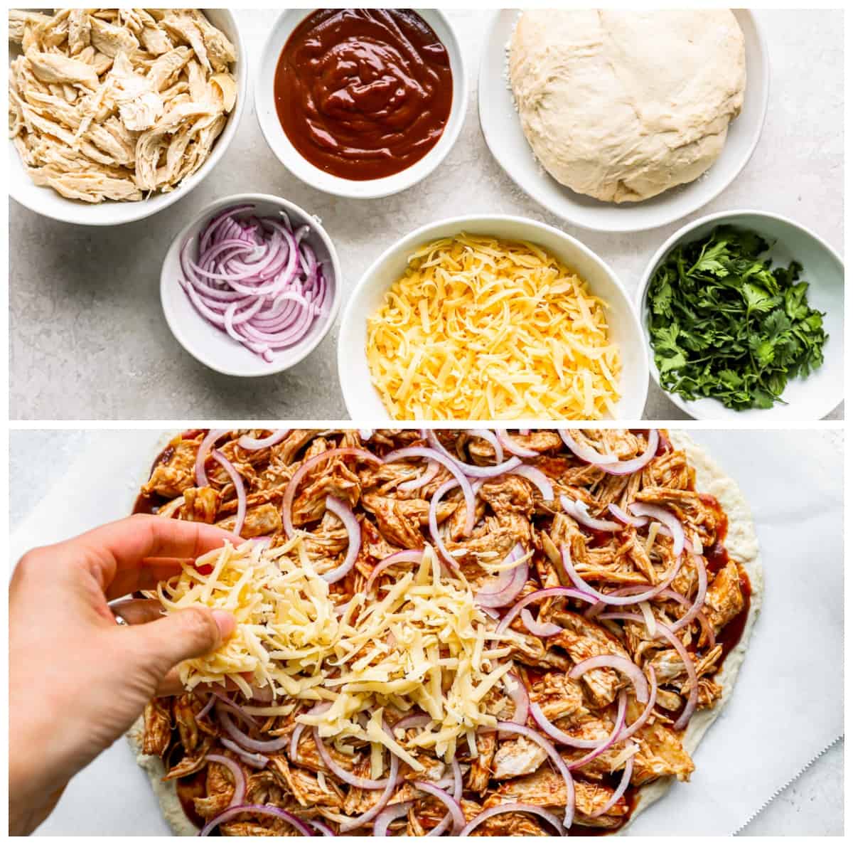 bbq chicken pizza ingredients; a hand sprinkling cheese on top of a pizza with chicken, red onions, and bbq sauce.