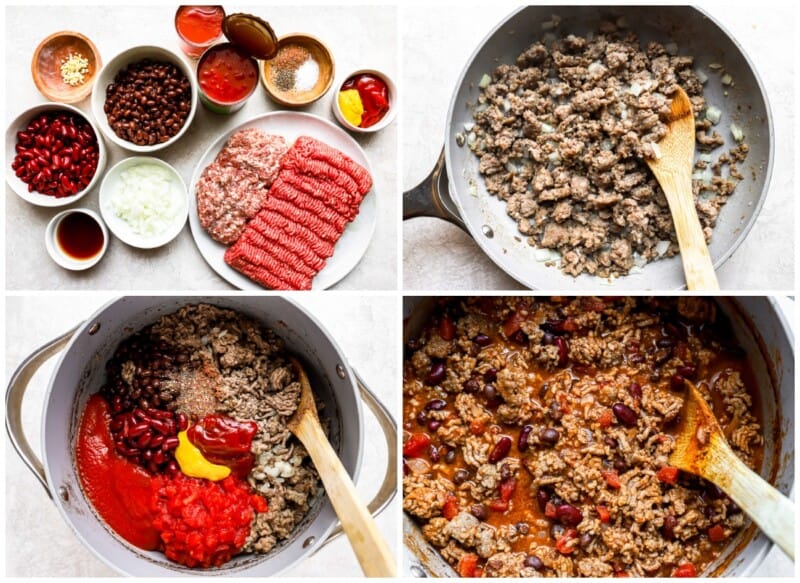 a series of photos showing the process of making a chili recipe.