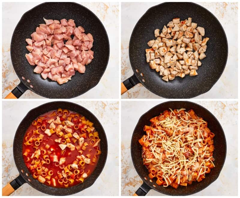 four pictures showing how to make chicken and pasta in a skillet.