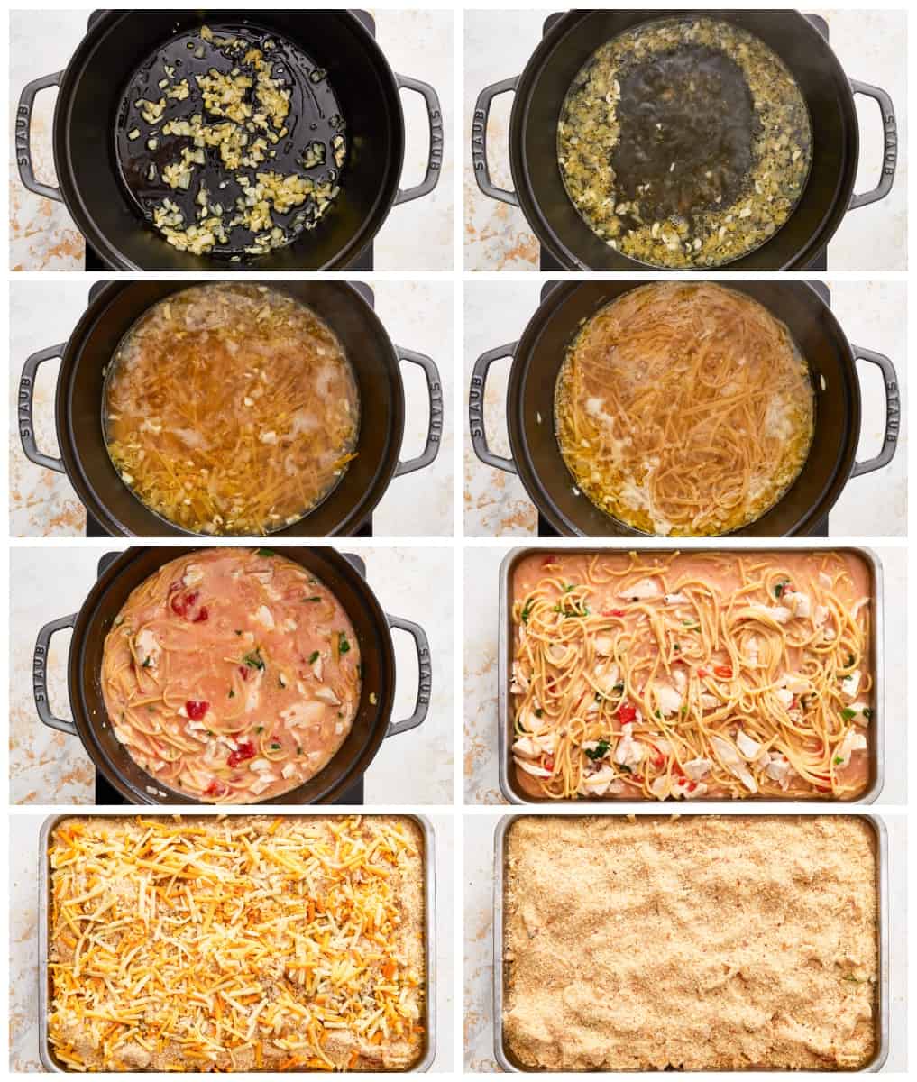 a series of photos showing how to make a chicken casserole.
