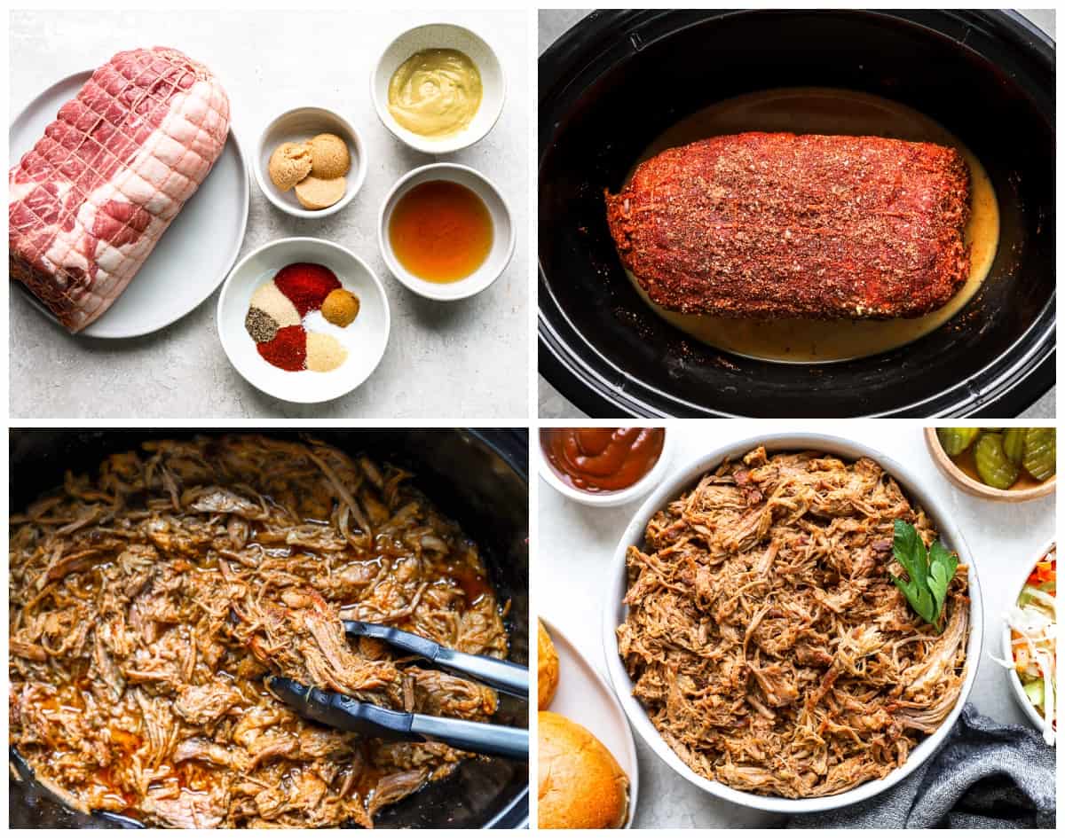 a collage of pictures showing how to make pulled pork in a slow cooker.
