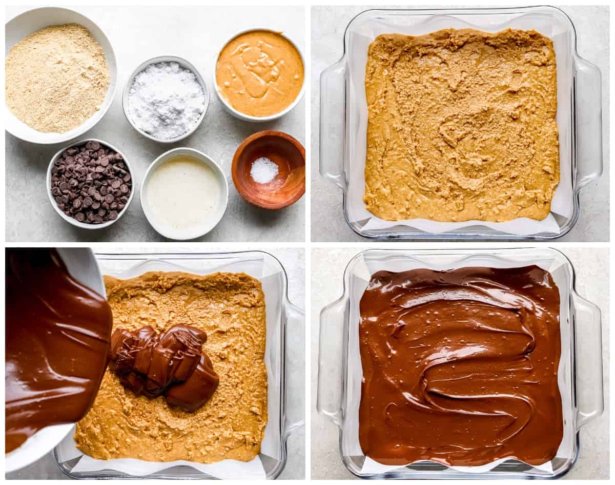 a series of photos showing how to make no bake chocolate peanut butter bars.