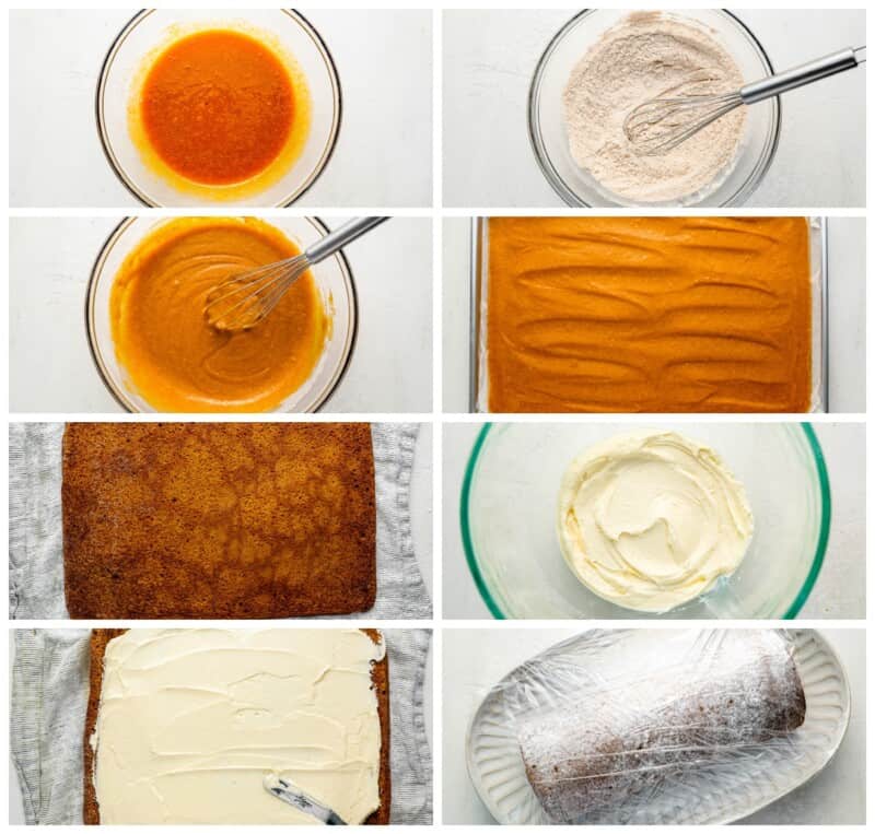 a series of photos showing how to make a pumpkin roll.