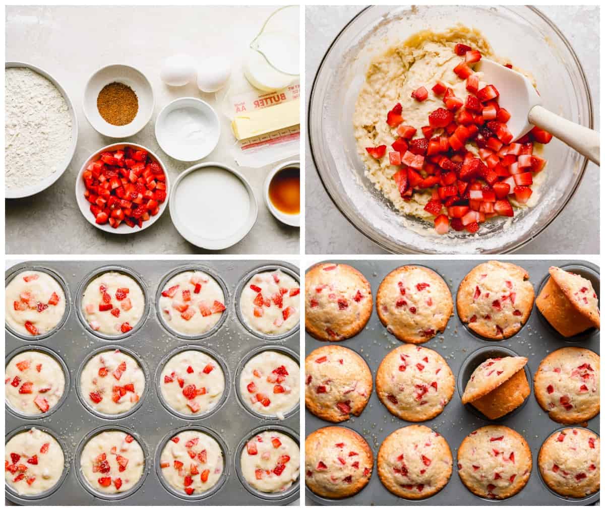 a collage of photos showing the process of making strawberry muffins.
