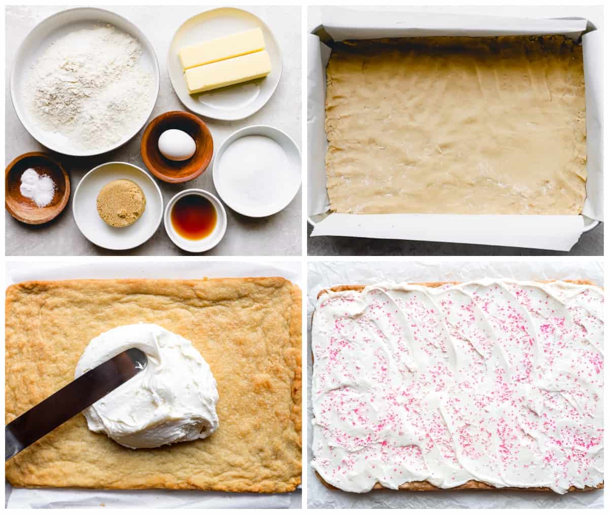 a series of photos showing how to make sugar cookie bars.